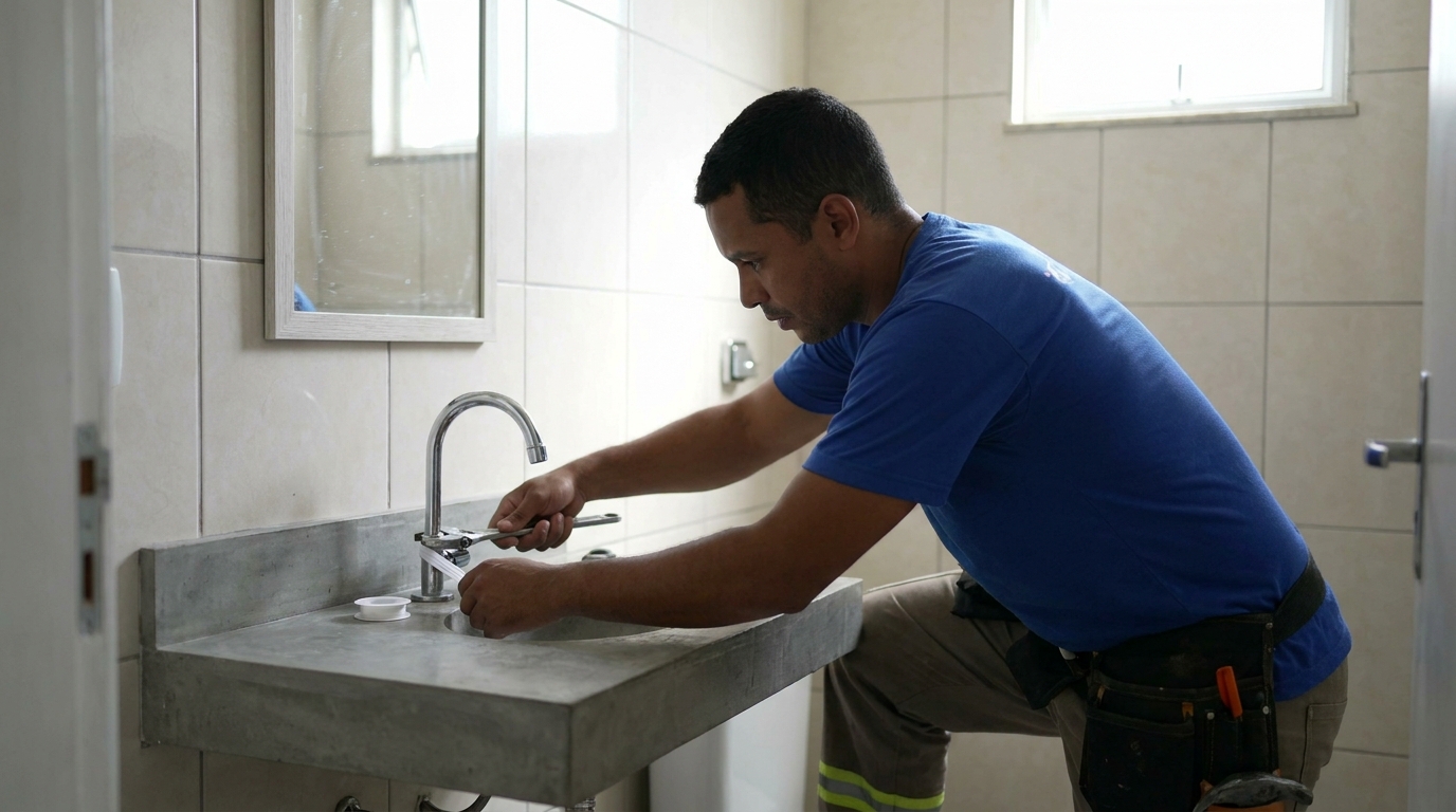 Encanador instalando torneira em São José dos Campos‑SP