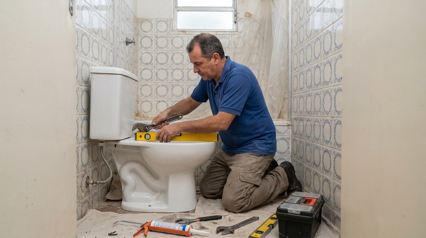 Técnico instalando vaso sanitário em São José dos Campos‑SP